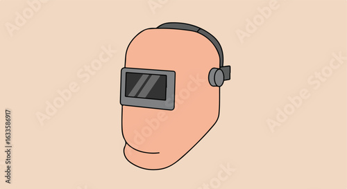 Cartoon face with welding mask, on a tan background