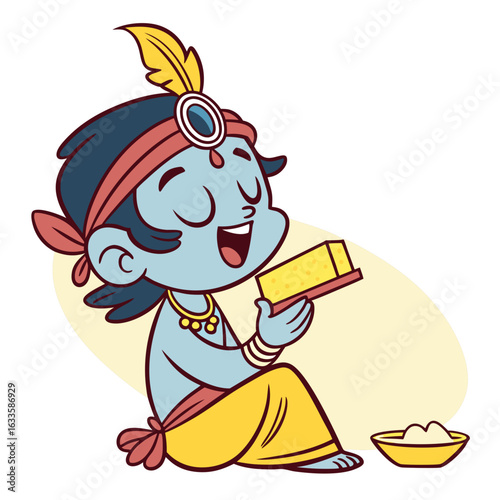 A joyful cartoon of the child Lord Krishna sitting and holding a block of butter.