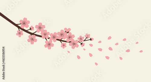 Branch of pink blossoms with falling petals on an off-white background