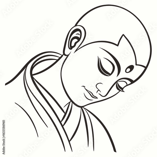 A serene line art illustration of a Buddhist monk with a shaved head, eyes closed in peaceful meditation.