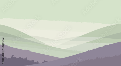 Layered hillsides cascade in muted tones, with trees near bottom