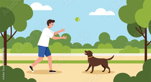 Man plays fetch with dog in park, catching a tennis ball on a sunny day