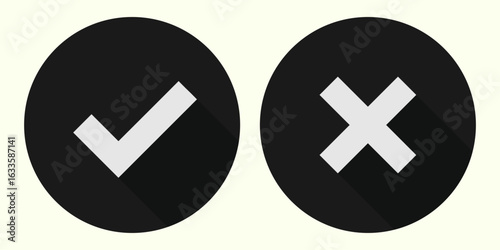 Black circle check mark icons. Check mark and cross icon. Check mark buttons. Yes or no buttons