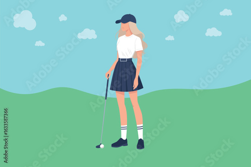Young Woman Playing Golf, Golf player, Playing golf, Flat illustration