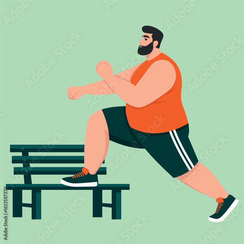 Oversize Man Exercising on Park Bench, Man in Sports Outfit, Fitness and Health, Sport