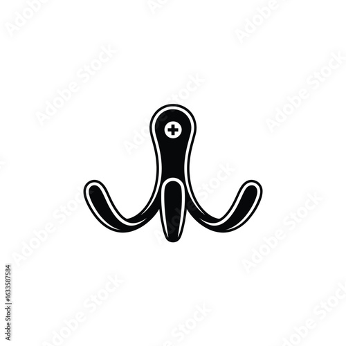 Black metal triple coat hook with curved arms on a white background