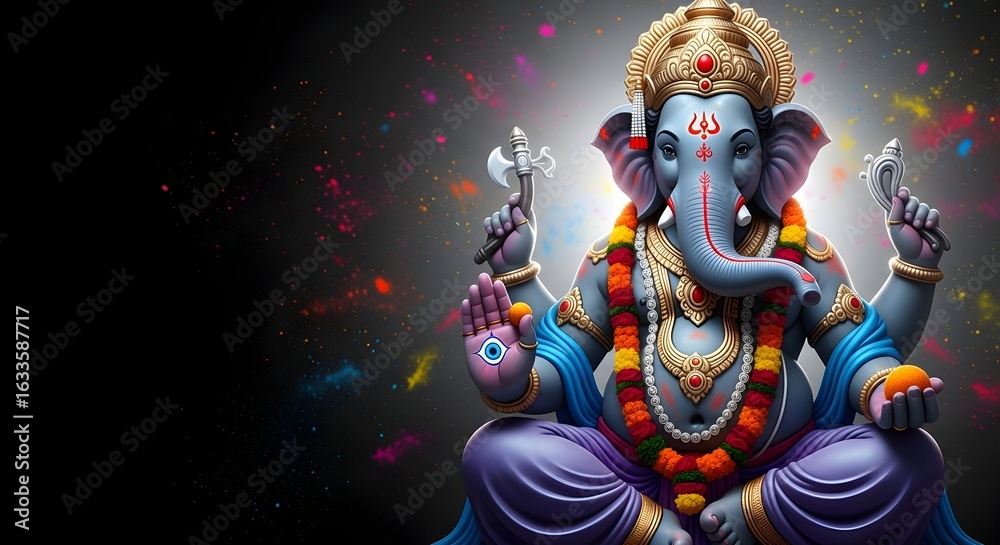 Fototapeta premium Ganesha deity with crown and jewelry sitting in meditation pose against a colorful background art