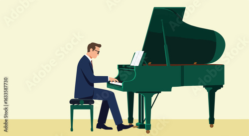 Pianist plays green grand piano