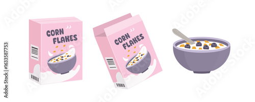 Cornflakes cardboard. Cornflakes advertisement product. A bowl of corn flakes with milk. Blueberry cereal.
