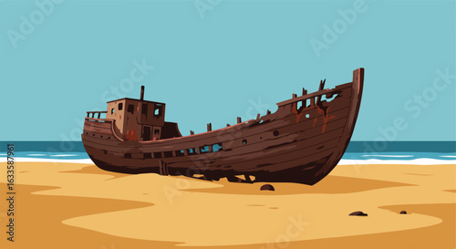 Cartoon-styled shipwreck on sandy beach near ocean under clear sky