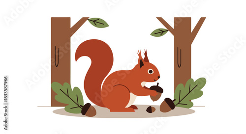 Squirrel with acorn among trees and leaves