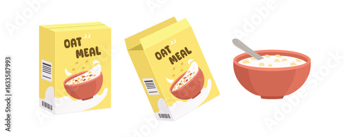 Oat meal cardboard. Oat breakfast. Oat with milk. Crispy oat cereal.