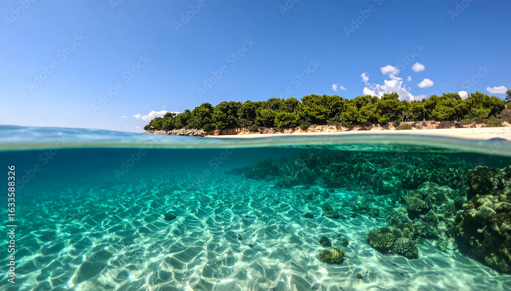 Naklejka premium Beach ocean underwater split view summer travel
