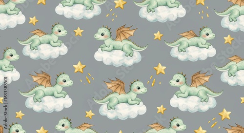 Seamless Watercolor Baby Dragon Pattern with Clouds and Stars