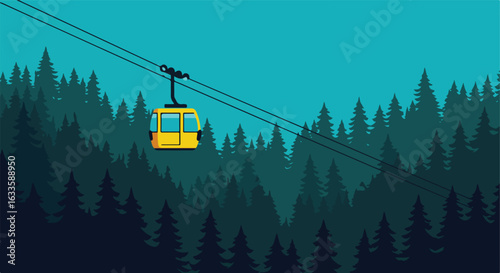 Yellow gondola over dark forest against teal sky, minimalist, flat vector