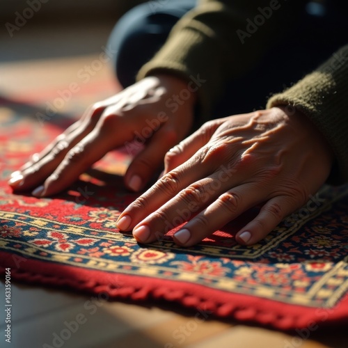 Person kneeling on ornate rug hands resting on prayer mat