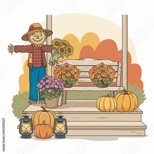 Autumn Scarecrow Scene with Pumpkins and Flowers: Fall Decoration and Seasonal Charm
