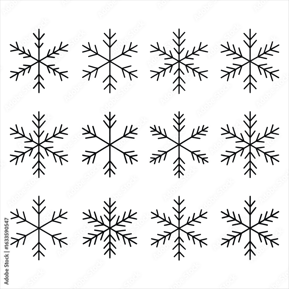 Obraz premium Twelve Black Snowflake Outlines on White Background