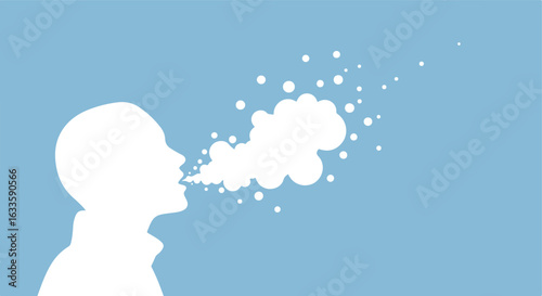 White silhouette of person exhaling vapor/particles on light blue background