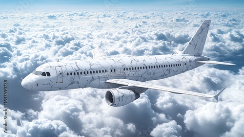 Luxury White Marble Pattern Commercial Jet Flying Above Clouds in Bright Sky