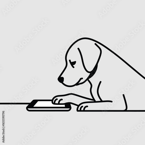 Dog using a smartphone with its paw in a simple line drawing style