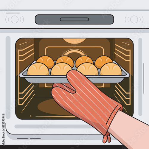Baking Fresh Bread Rolls in Oven A Hand with Oven Mitt Taking Out Tray of Bread