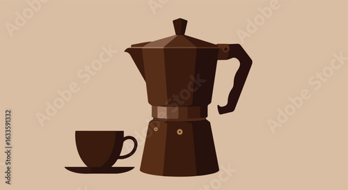 Still life of espresso pot and cup on saucer, minimalist brown illustration