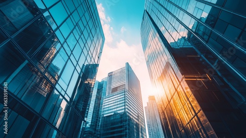 Low angle view of modern glass skyscrapers. Sunlight streams between buildings