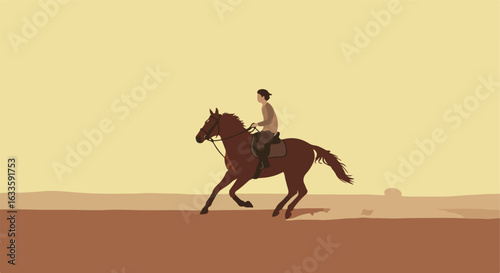Brown horse gallops with rider across dusty plain, beige sky