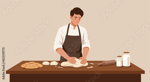 Baker kneading dough on a wooden table with finished bread and ingredients