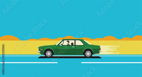 Green car speeding on a blue road with sky backdrop and desert hills