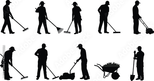 Silhouettes of people doing gardening tasks, using shovel, rake, wheelbarrow, lawnmower, landscaping activity illustration for outdoor work and horticulture concepts