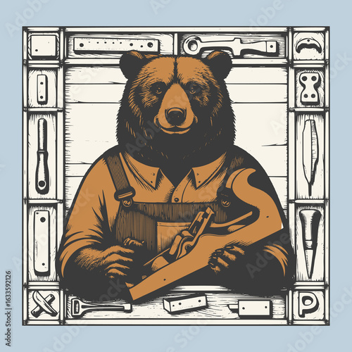 Retro bear craftsman mascot drawn in clean vector lines