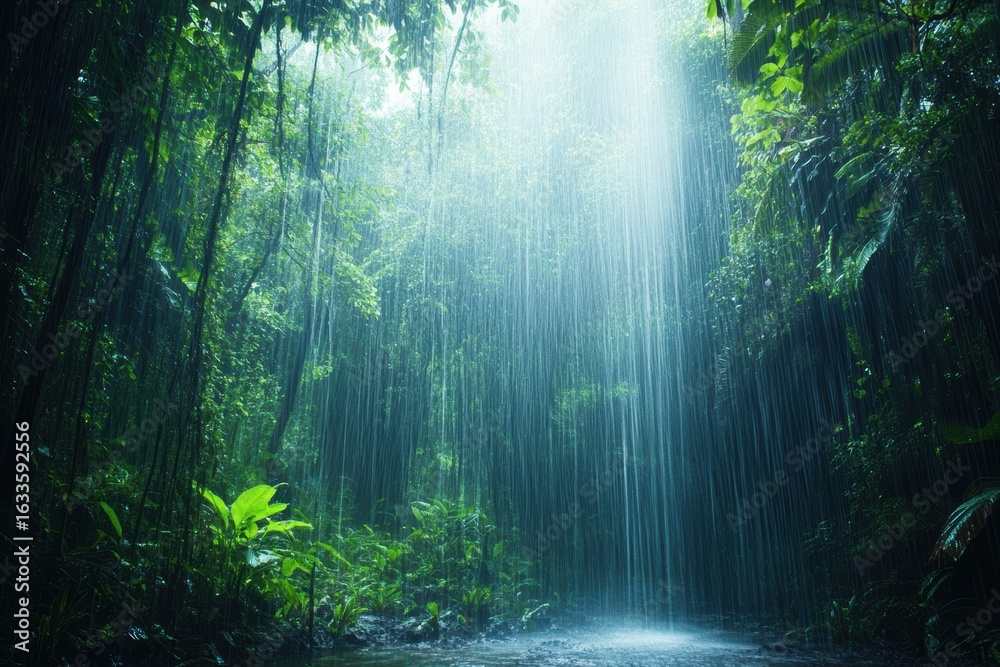 Fototapeta premium Monsoon rain falling over jungle stream 