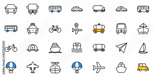 Transportation icons set vector illustration of car bus bike ship plane and other transport vehicles design icons collection on transparent background