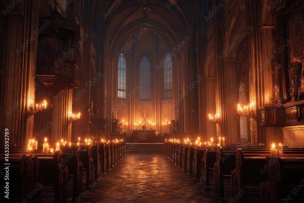 Fototapeta premium Candlelit interior of a historic church creates warm ambiance, drawing attention to ornate architecture and peaceful atmosphere for spiritual reflection