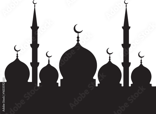 Serene Silhouette A Mosque Scene Evoking Peace and Islamic Artistry Representing Faith Culture and Architectural Grandeur Against a Pristine White Canvas