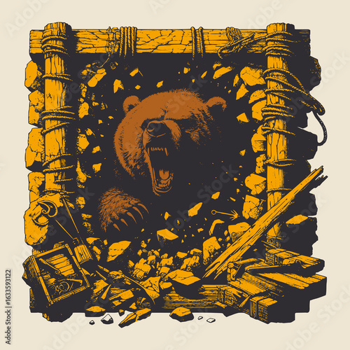 Mining-themed bear character in vintage vector