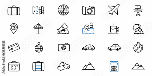 Travel vacation icons vector set for tourism planning adventure journey and holiday trip destination one hundred icons collection on transparent background