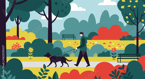 Stylized man walking dog through colorful park with trees and benches