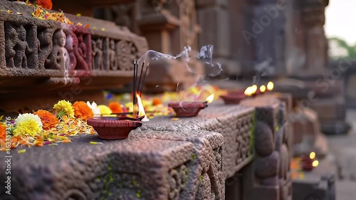 Lit Diya Lamps and Marigold Flowers on Ancient Stone Temple Wall with Incense Smoke