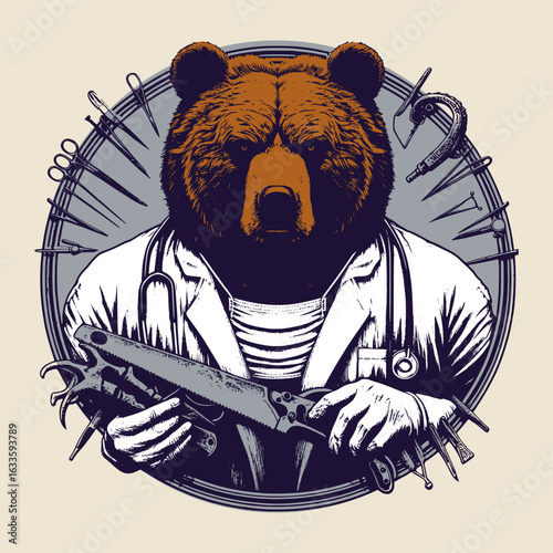 bear dressed as doctor in detailed vintage animal vector