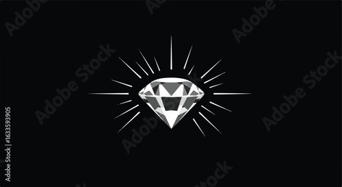 Central faceted diamond with rays on black backdrop
