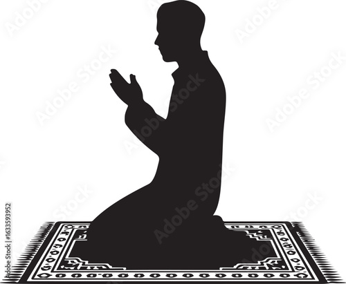 Silhouette of a man praying on a prayer rug