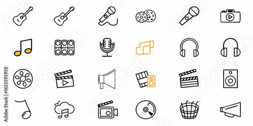 Collection of music film and audio equipment icons including guitar microphone camera and headphones vector design icons collection on transparent background