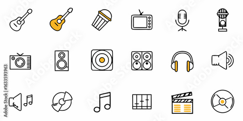 Audio equipment and music instruments vector icons illustration for sound and entertainment industry use cases icons collection on transparent background