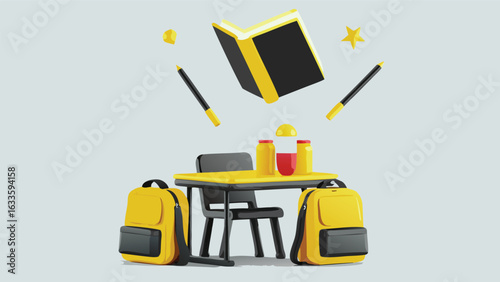 Illustration of a desk with books pens backpacks and bottles in a school or education setting design