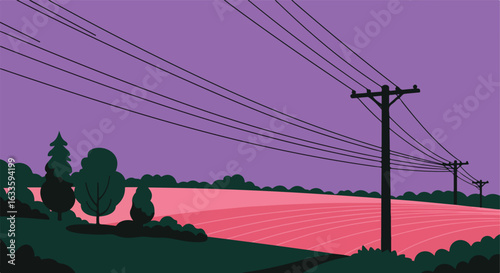 Rural landscape with fields, trees, and utility poles at dusk