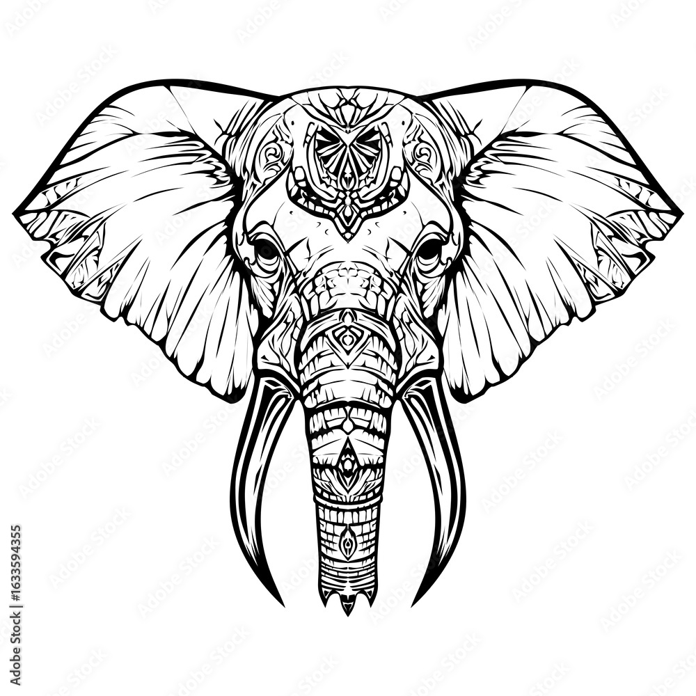 Obraz premium Symmetrical Elephant Majesty: Intricate Black and White Tribal L