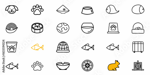 Pet supplies vector icons set dog bowl fish food cat toy paw print cage animal care outline design elements icons collection on transparent background